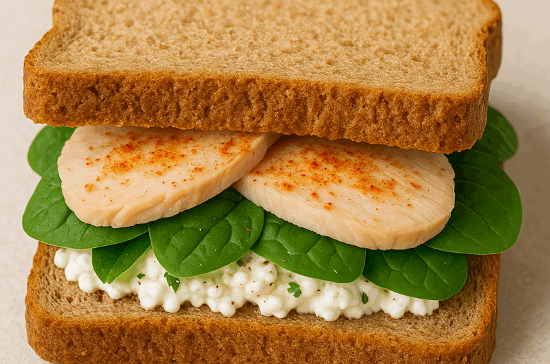 Sandwich met kipfilet, hüttenkäse & spinazie